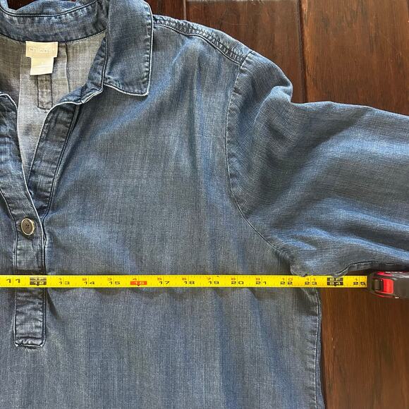 Chico's 3 Blue chambray style V-neck 3/4 sleeve long tunic shirt relaxed fit - Picture 4 of 7